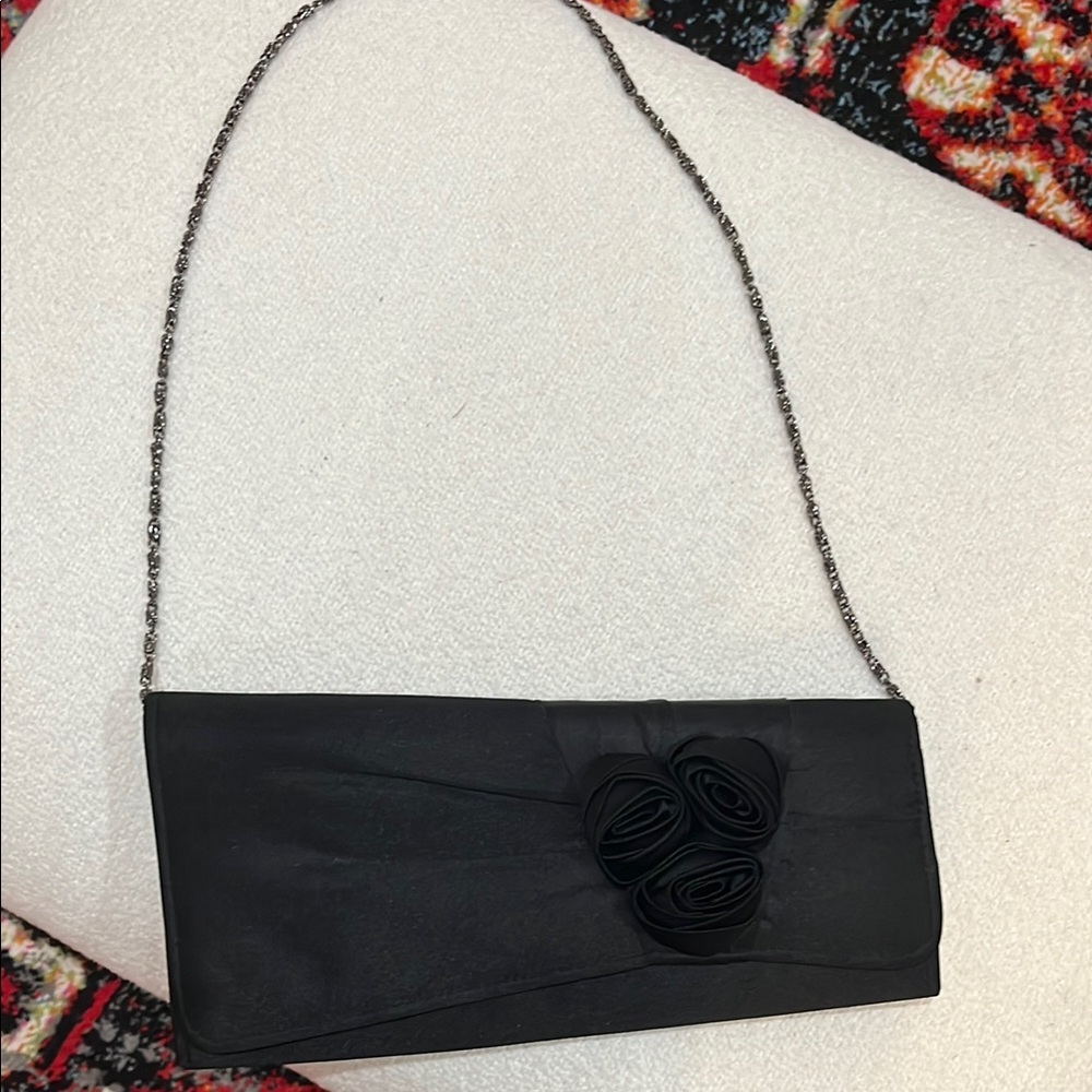 Dollhouse Black Clutch with Chain Strap and Floral Embellishment